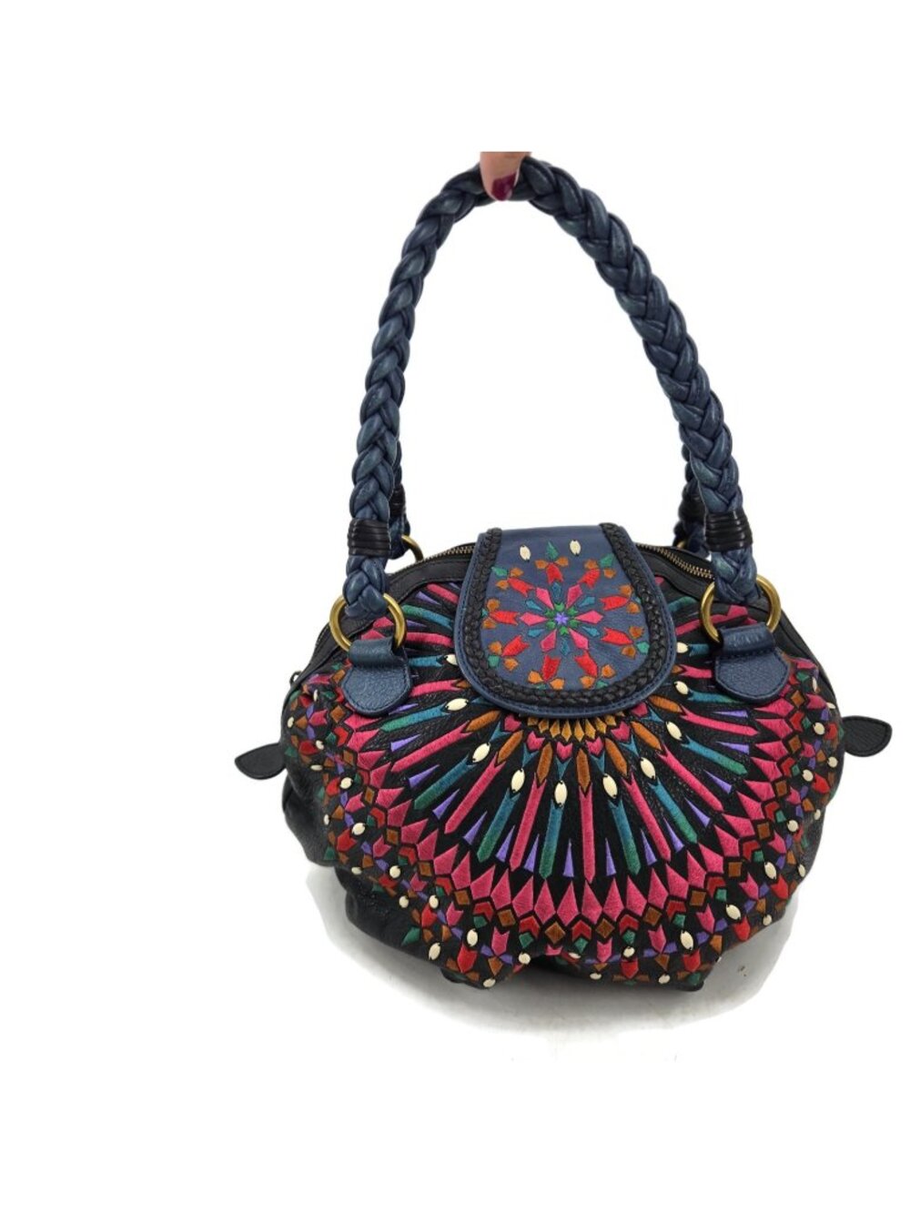 Isabella Fiore Serena Lelia Embroidered Leather Handbag Shoulder Bag Black Blue